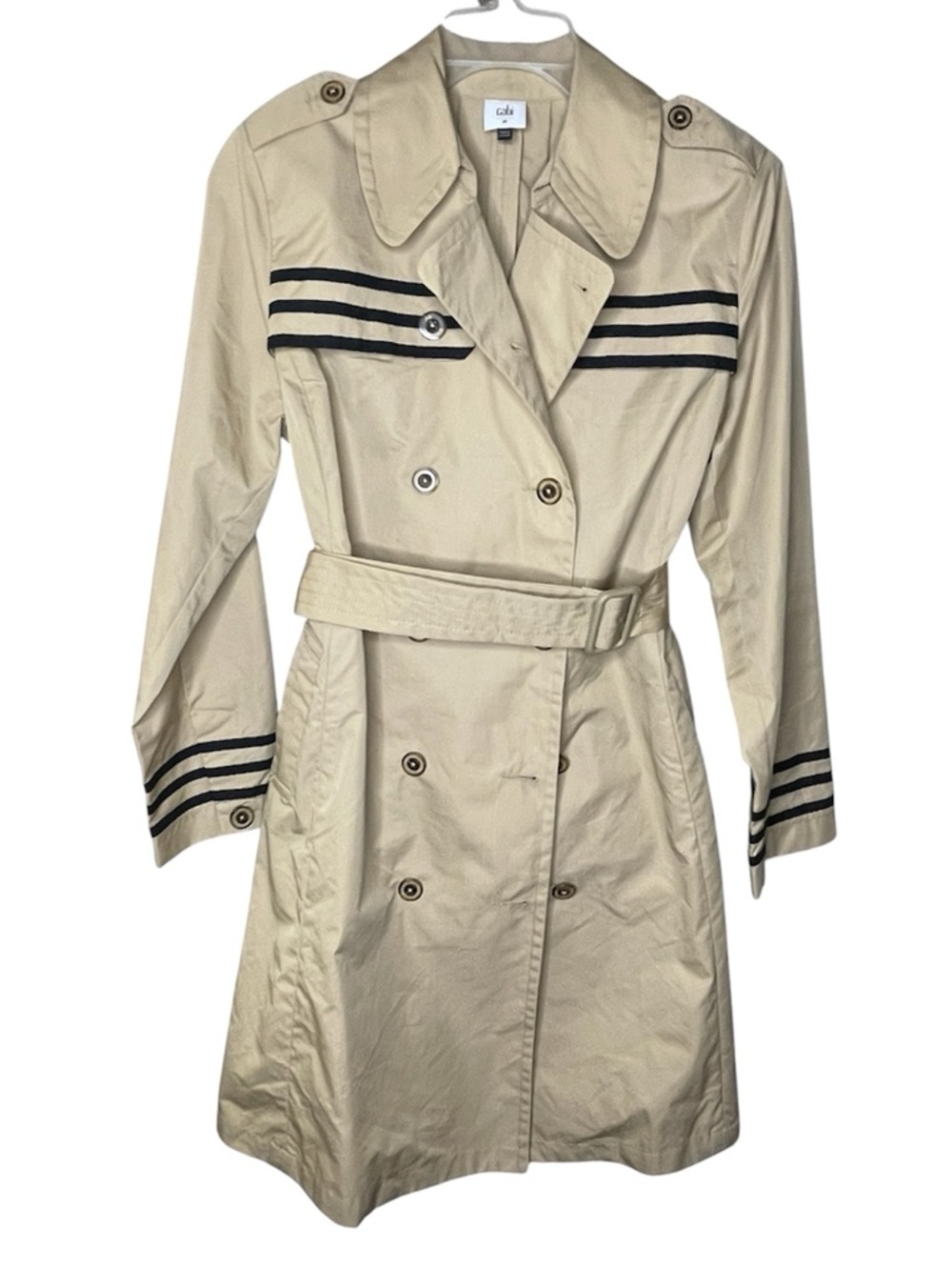 Cabi Runway Trench Coat with Navy Stripe Accents Sz M - Picture 2 of 6